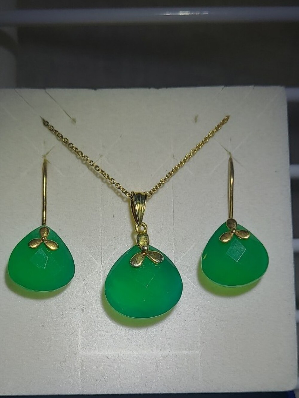 Gold Plated Over Sterling W Green Faceted Teardrop Stones Set